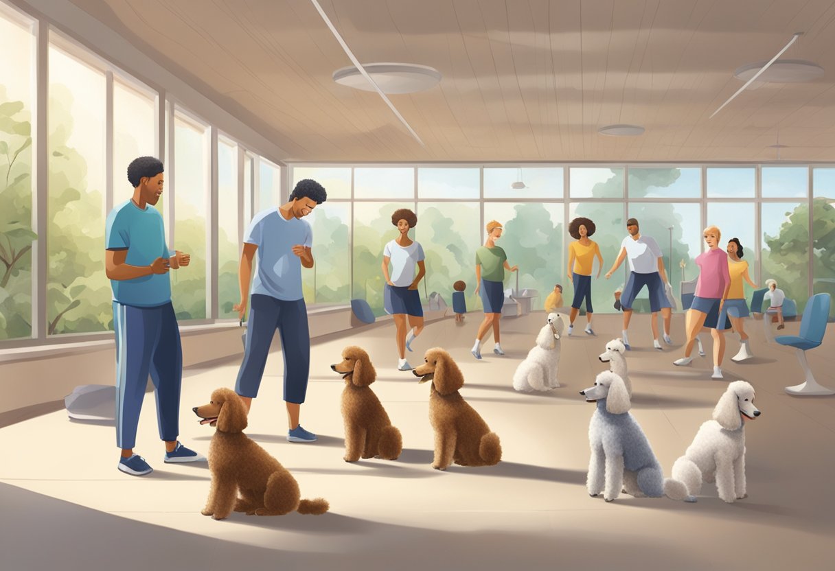 A group of Moyen poodles engage in training exercises, while others interact and socialize in a spacious, well-lit environment