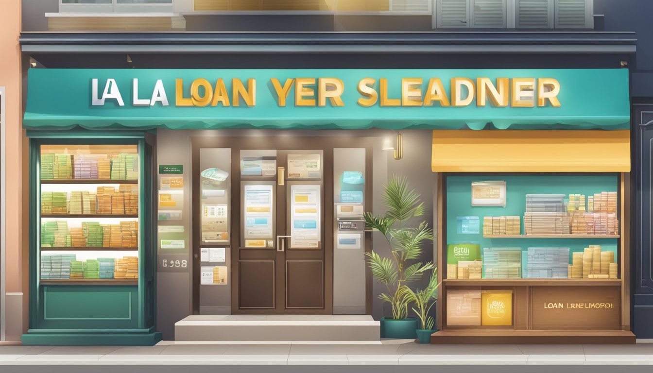 A licensed money lender signboard displayed with various loan types and services offered, with the storefront open on a Sunday in Singapore