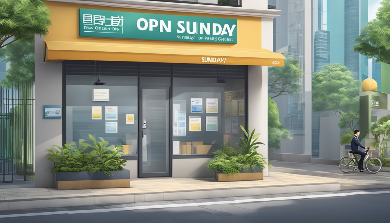 A licensed money lender's office with a "Open on Sunday" sign in Singapore, with clear signage and a professional-looking exterior