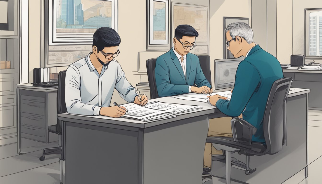 A foreigner in Singapore sits at a desk, signing loan documents as a money lender explains the process. The lender's office is modern and professional, with a Singaporean flag displayed prominently