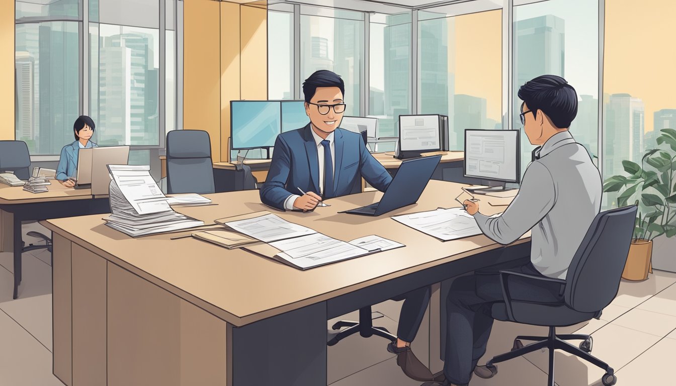 A foreigner signs loan documents at a reputable money lender in Singapore, while a staff member explains the repayment and loan management process