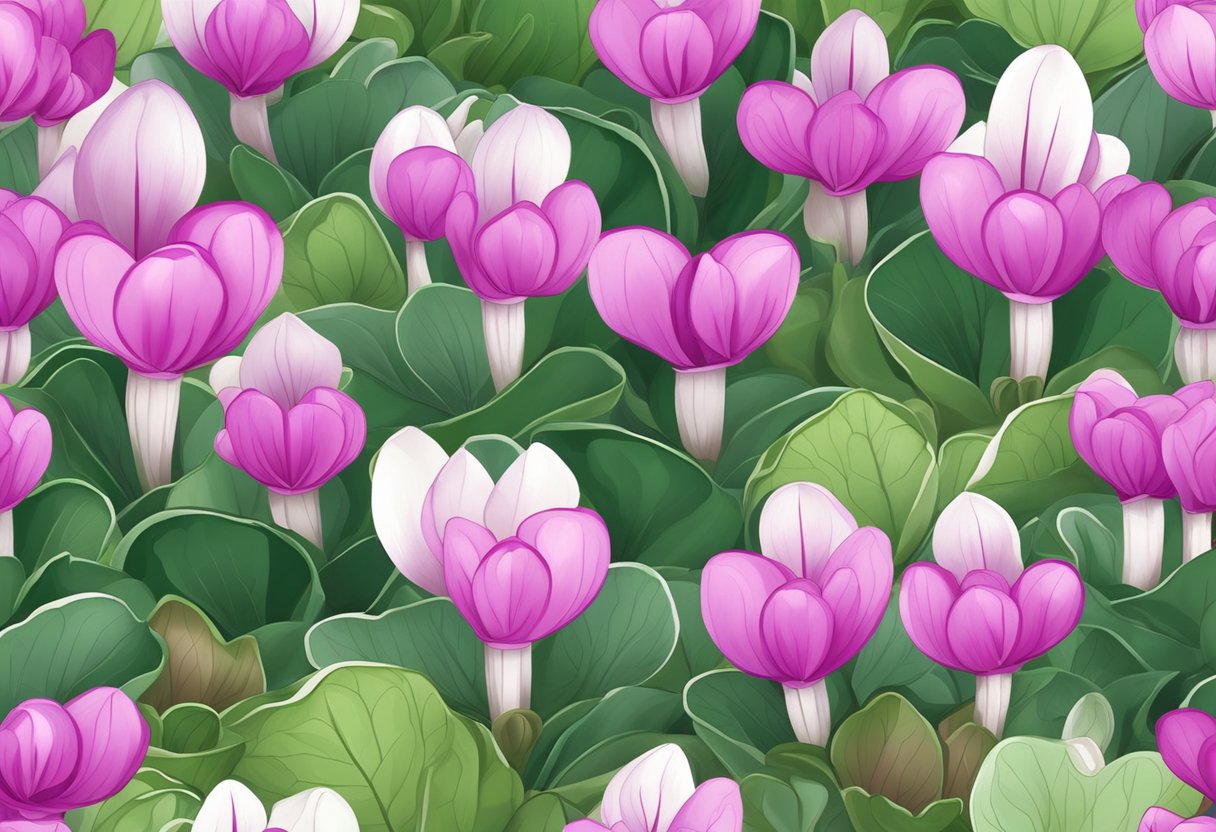 Cyclamen seeds sprout in moist, well-drained soil. Young plants develop heart-shaped leaves and delicate flowers in shades of pink, white, or purple