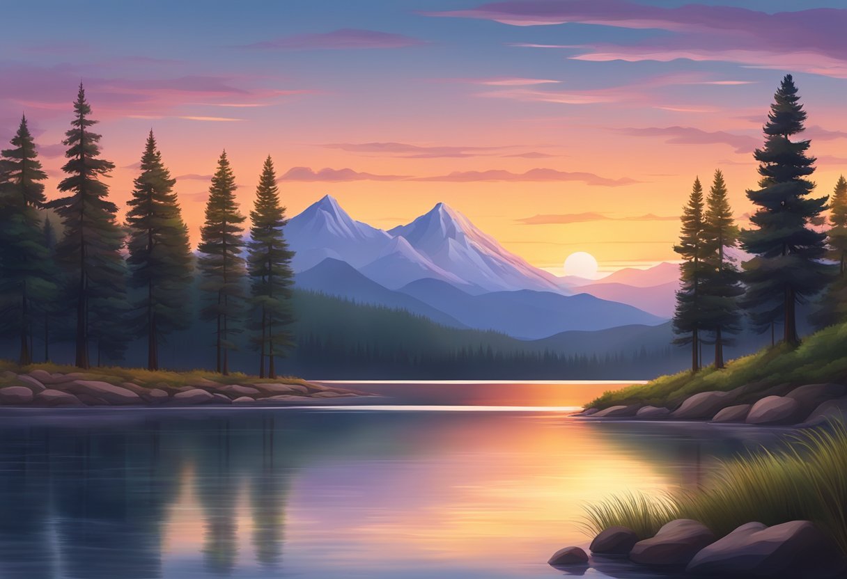 A serene lakeside with a colorful sunset reflecting on the water, surrounded by tall pine trees and a distant mountain range