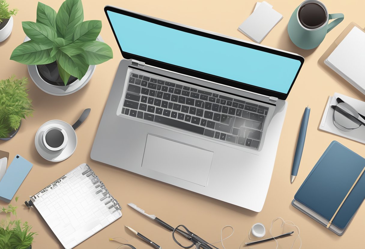 A laptop with a keyboard and mouse on a clean desk, surrounded by office supplies and a potted plant