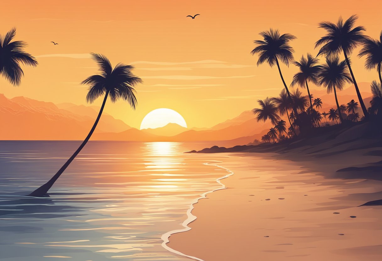 A serene beach at sunset, with palm trees silhouetted against the orange sky and gentle waves lapping at the shore