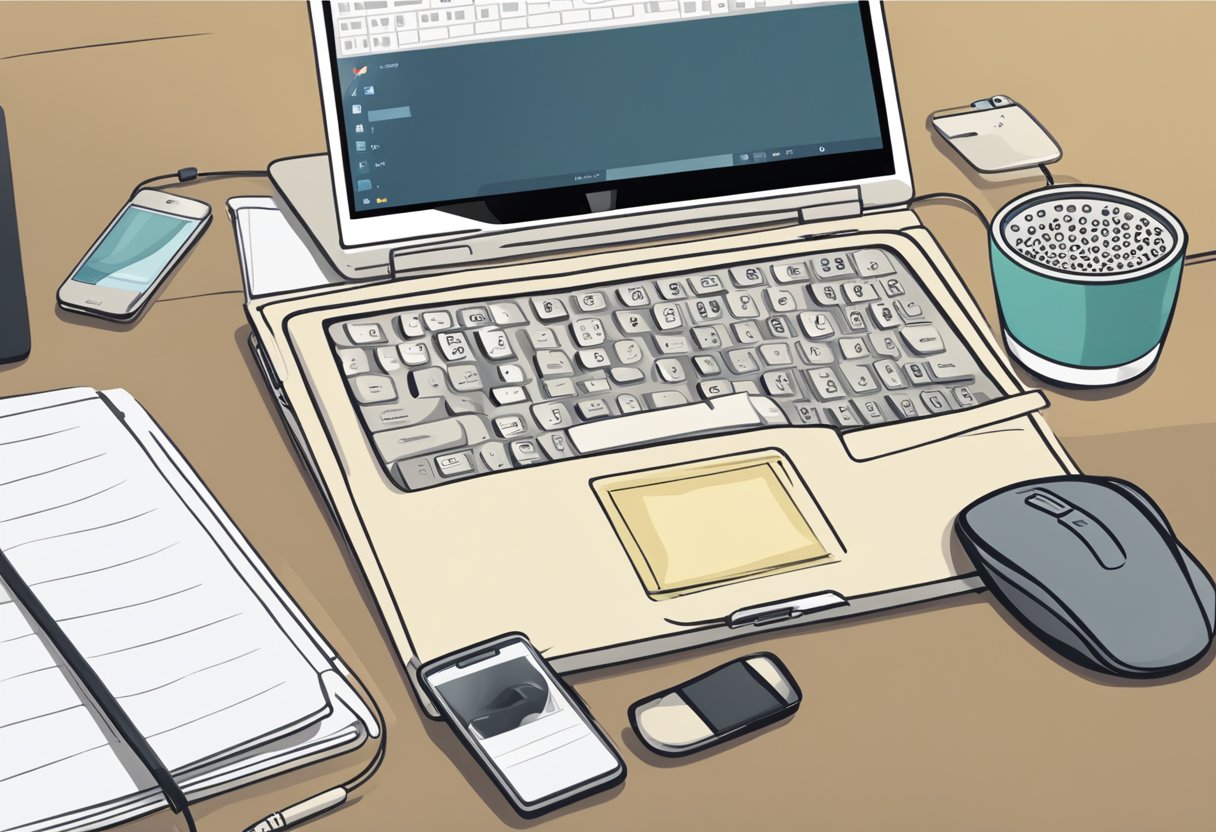 A laptop with a screen reader open, a keyboard, and a mouse on a desk with a braille display and a mobile phone with alt text guidelines on the screen