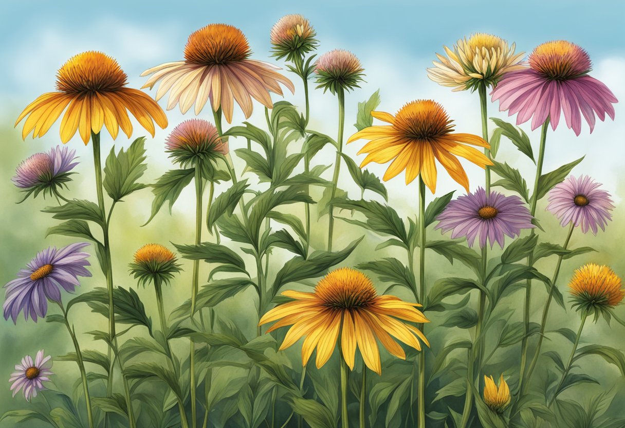 Tall coneflowers reach for the sky, standing at least 3 to 4 feet high with vibrant blooms atop sturdy stems