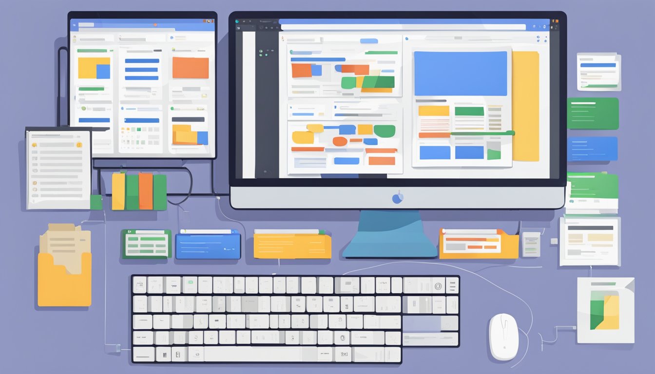 A computer screen with multiple tabs open, showing various Google Docs shortcuts. A keyboard and mouse are visible, indicating a power user at work