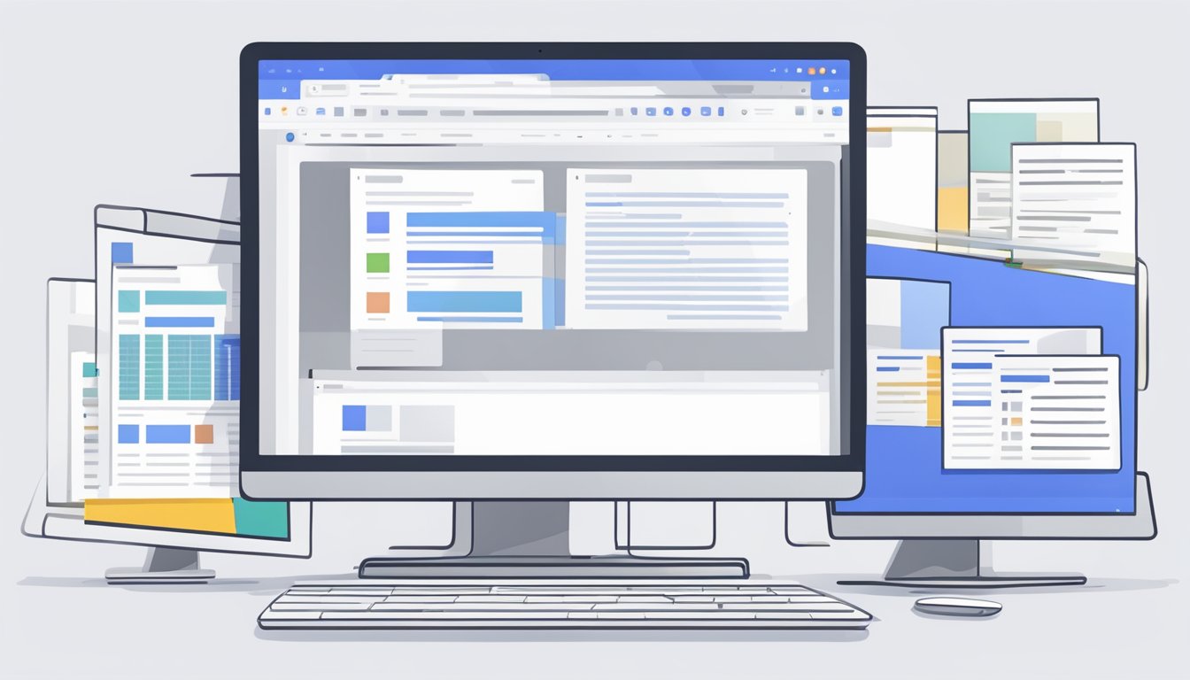 A computer screen displaying Google Docs with multiple tabs open, showing efficient document navigation and management shortcuts