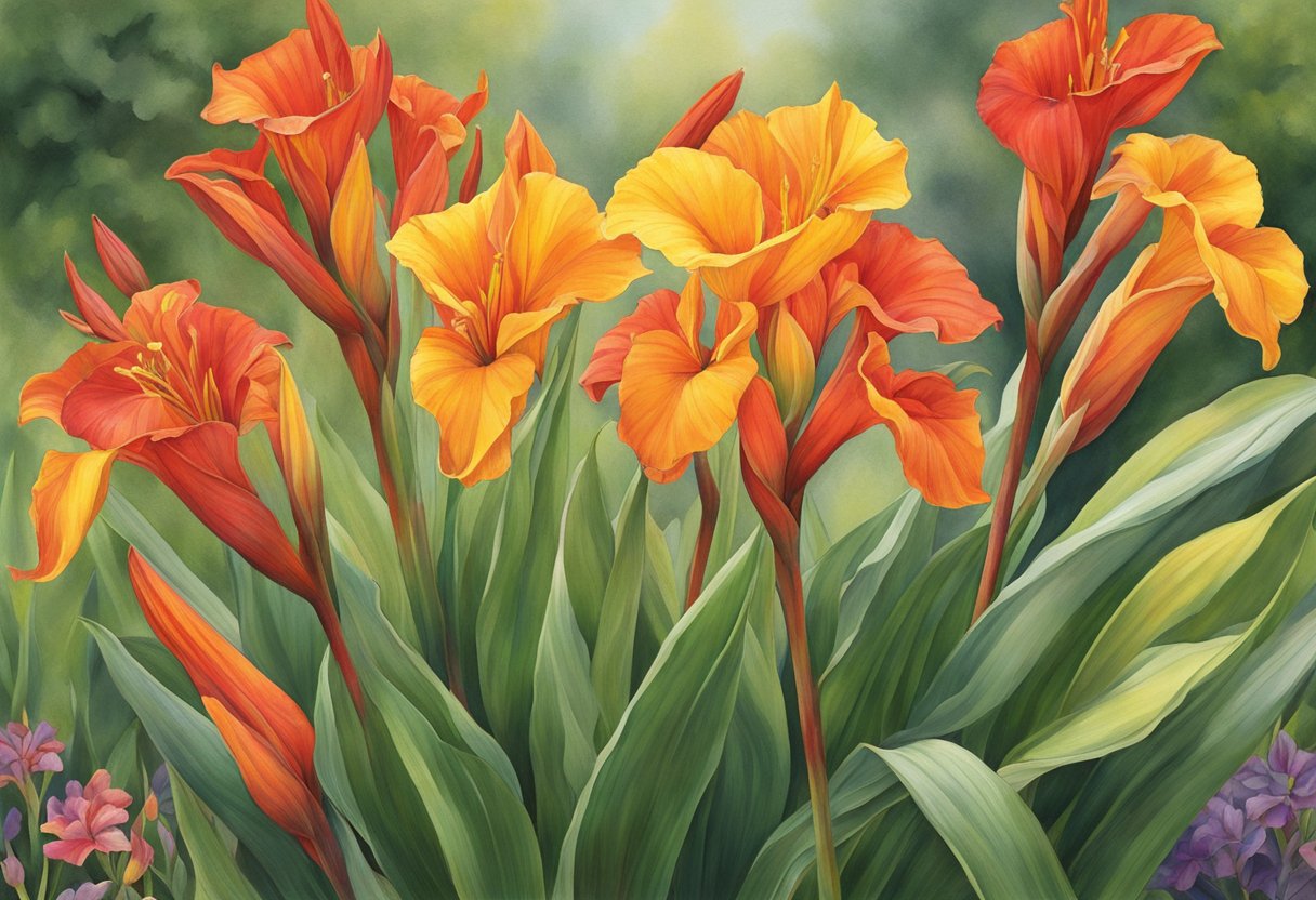 Canna lilies bloom for several weeks in vibrant red, orange, and yellow hues, adding a burst of color to the garden