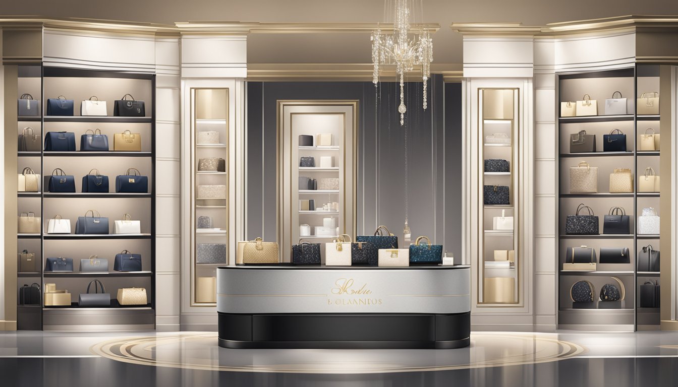 A lavish display of designer products in an upscale boutique, featuring sleek packaging, shimmering fabrics, and elegant logos