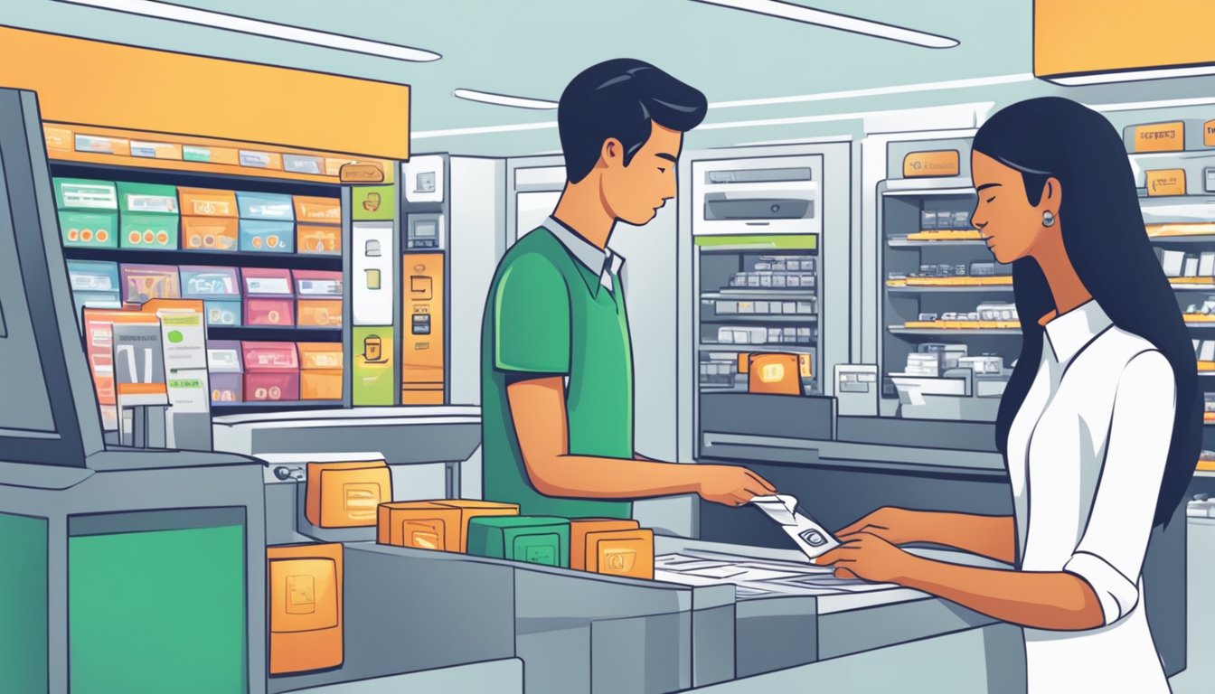 A person selecting from various payment options at a checkout counter