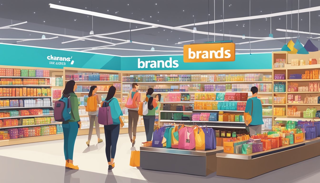 A brightly lit store with shelves filled with various branded products, a large "Brands Lover" sign hanging on the wall, and customers browsing through the merchandise