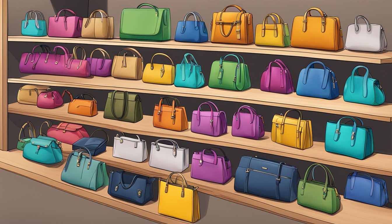A colorful array of bags from various brands displayed on shelves and racks, with different sizes, shapes, and materials