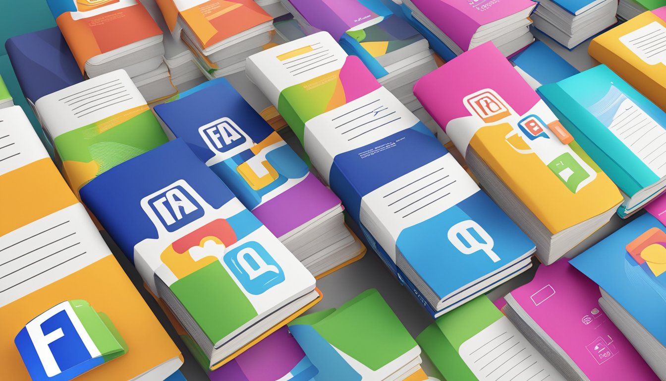 A stack of colorful FAQ booklets with brand logos on a table