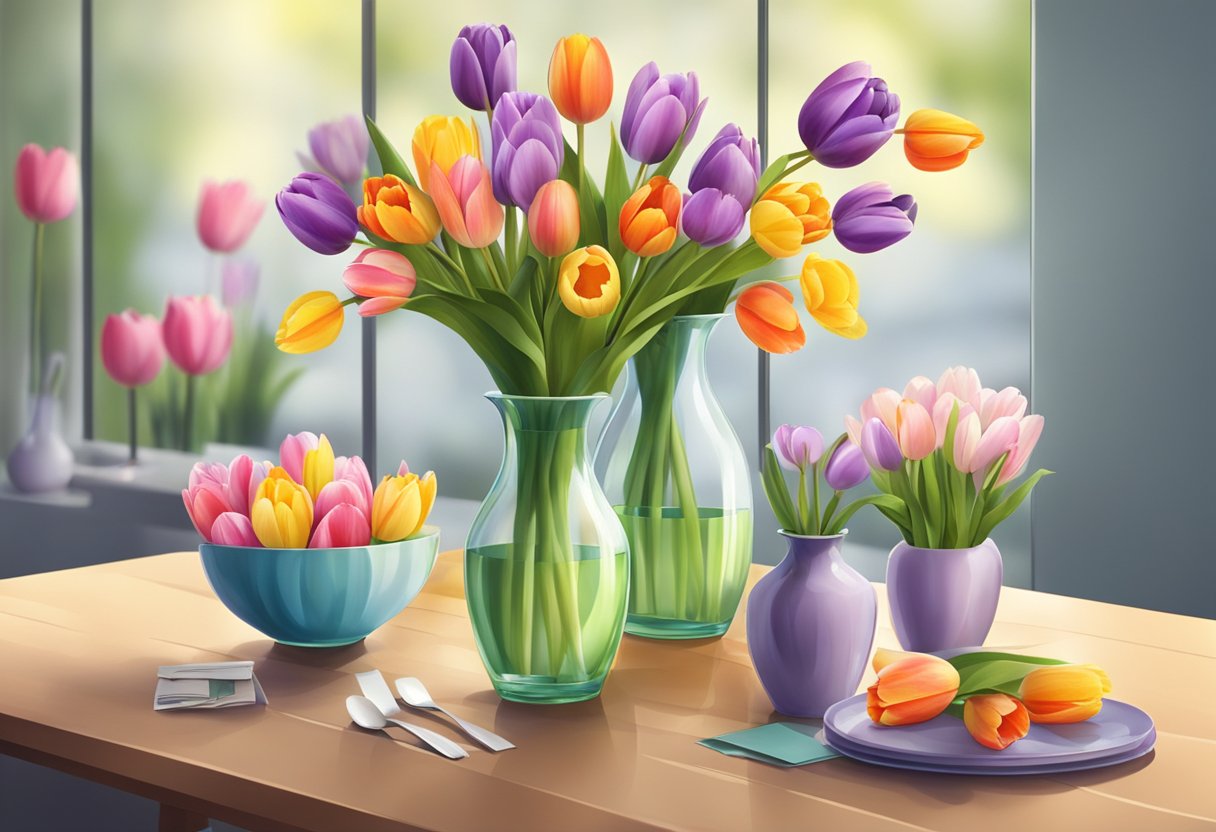A table with assorted tulips in vases, price tags visible