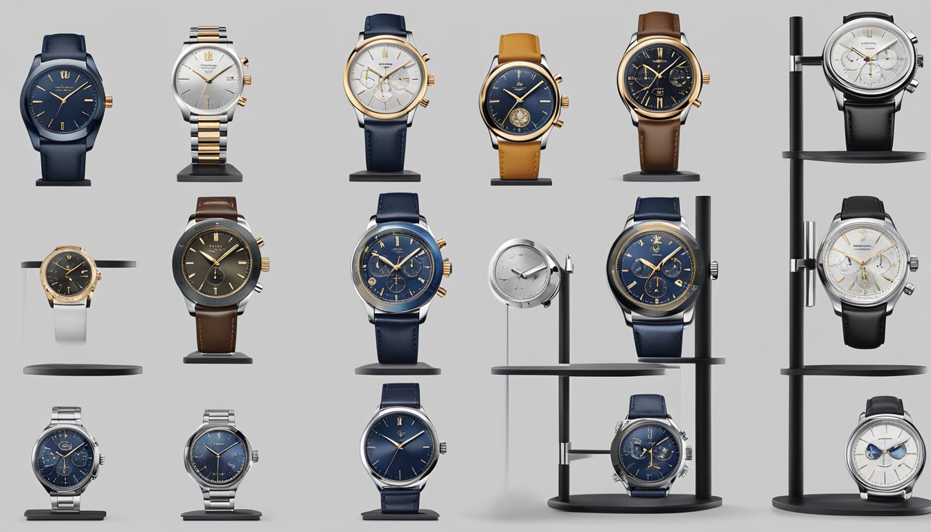 A display of iconic watch brands, each with a unique heritage, showcased on a sleek and modern watch stand. The brands are represented by their distinctive logos and timepieces, evoking a sense of luxury and craftsmanship