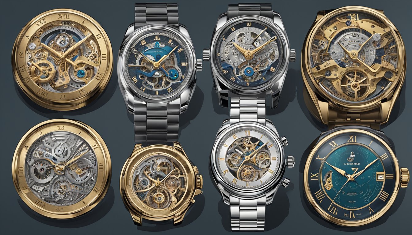 A variety of intricate watch movements and complications displayed on a backdrop of elegant watch brands' logos