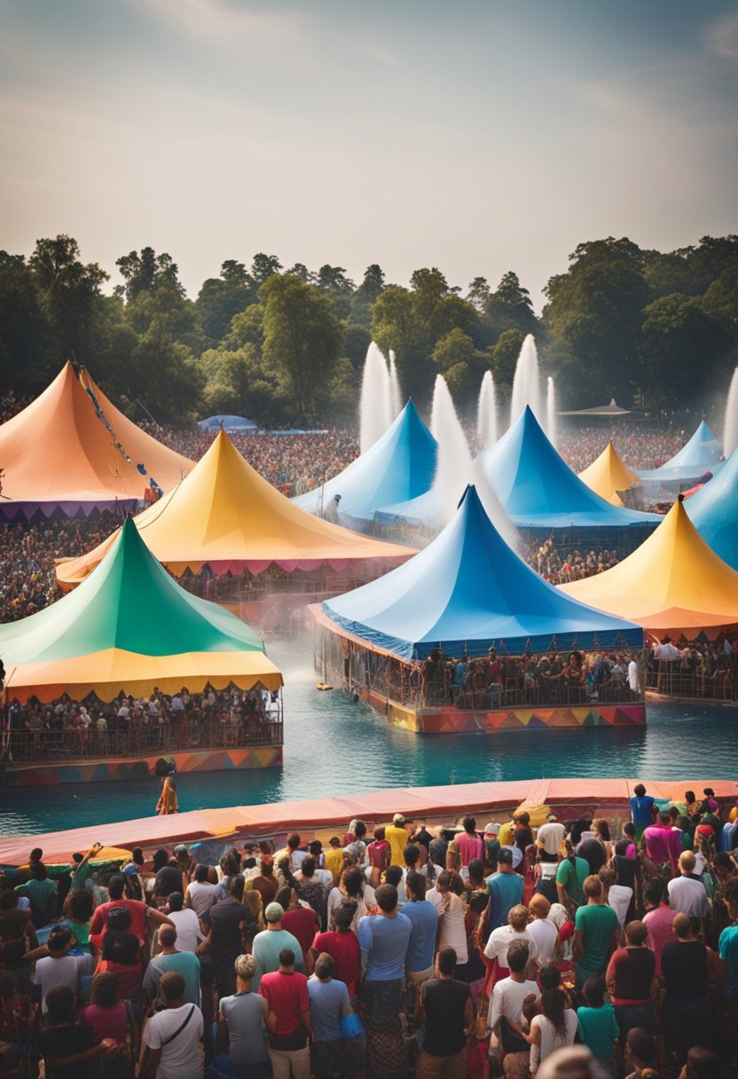 Colorful tents surround a large water stage with acrobats and performers. A crowd watches in awe as water jets shoot into the air