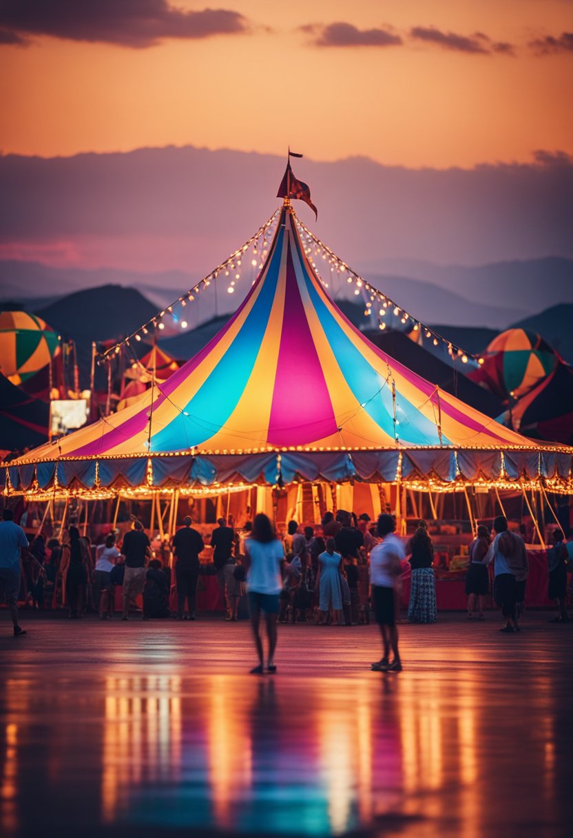 A colorful circus tent stands tall against the backdrop of a vibrant sunset. The lights of the midway glow as the sounds of laughter and music fill the air