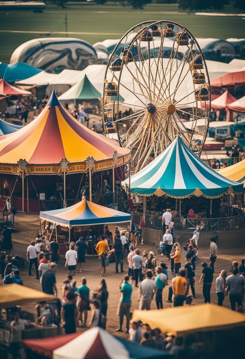 The bustling grounds feature colorful tents, a towering Ferris wheel, and lively animal acts. Visitors line up for tickets and snacks