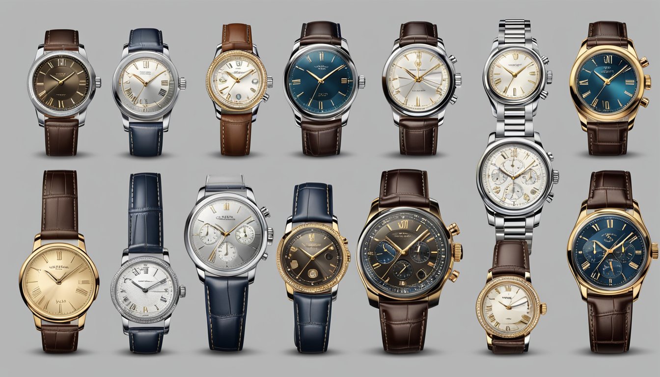 A display of various luxury and vintage timepieces from different watch brands, arranged on a sleek and elegant surface, with soft lighting to highlight their intricate details