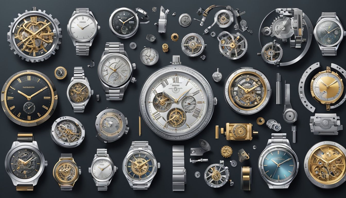 A display of intricate watch mechanisms with modern designs and materials, surrounded by cutting-edge technology and tools for innovation