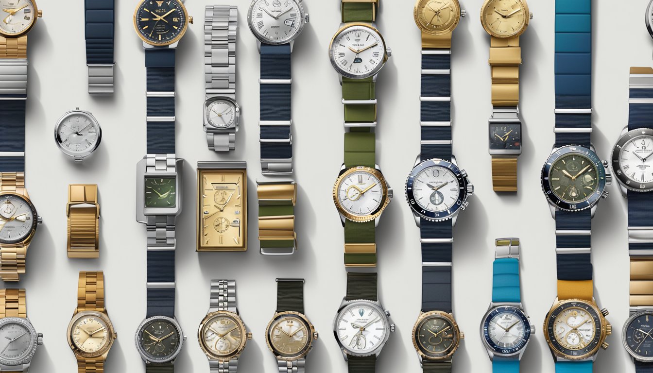 A display of various watch brands with accompanying FAQ signs