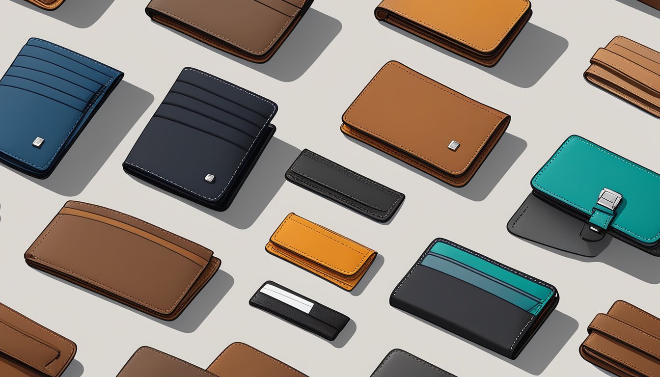A variety of men's wallets are displayed on a sleek, modern table. Different styles and brands are showcased, including leather, minimalist, and bi-fold designs