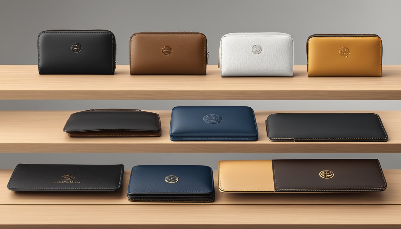 A sleek, modern display of top wallet brands arranged on a polished wooden counter, with each brand's logo prominently visible