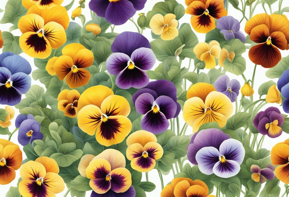 Colorful pansies reaching towards the sun, varying in height, with some standing tall and others gently swaying in the breeze