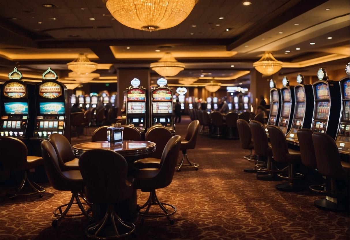 A bustling casino floor with bright lights, slot machines, and card tables. The air is filled with the sound of chimes and chatter