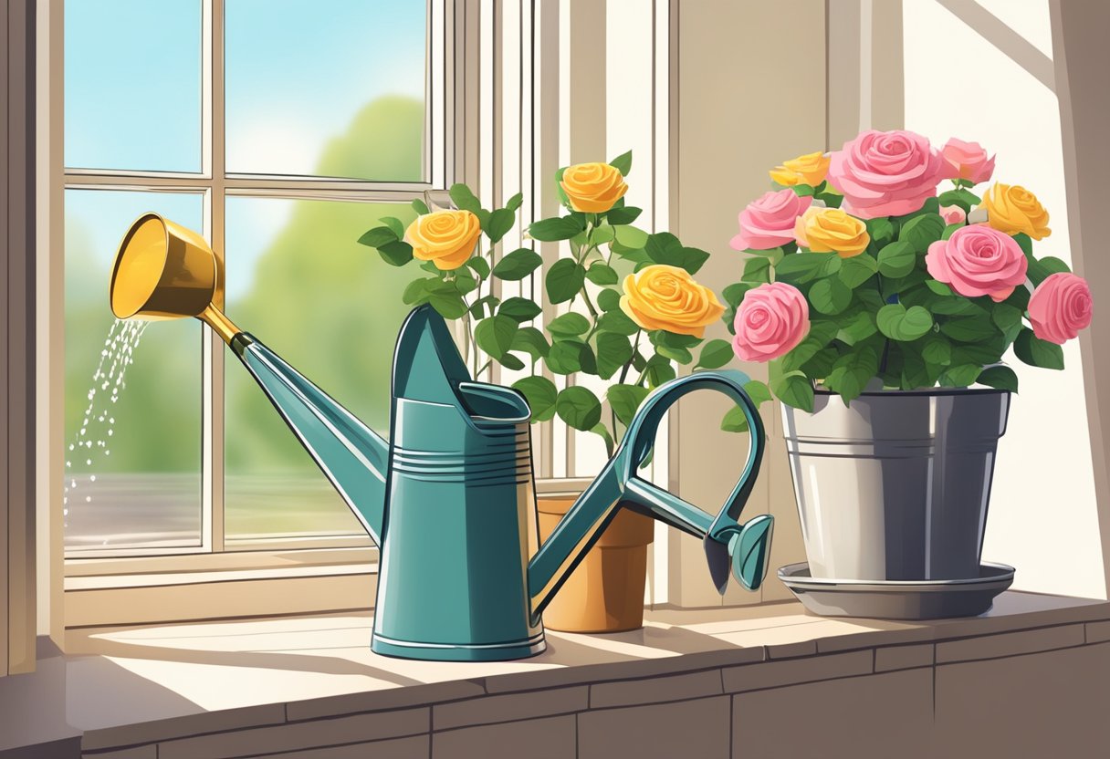 A watering can pours onto potted roses, placed in a sunny window. Pruning shears and fertilizer sit nearby