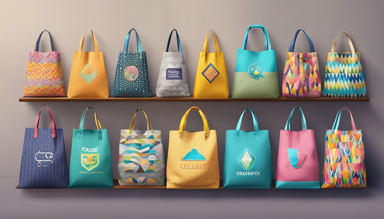 Colorful branded canvas bags arranged in a neat row, with bold logos and patterns. Light shines on the textured fabric, creating shadows
