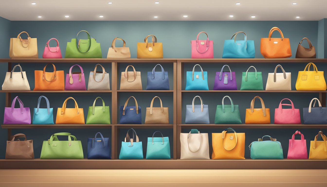 A colorful array of branded canvas bags displayed on a shelf in a trendy boutique