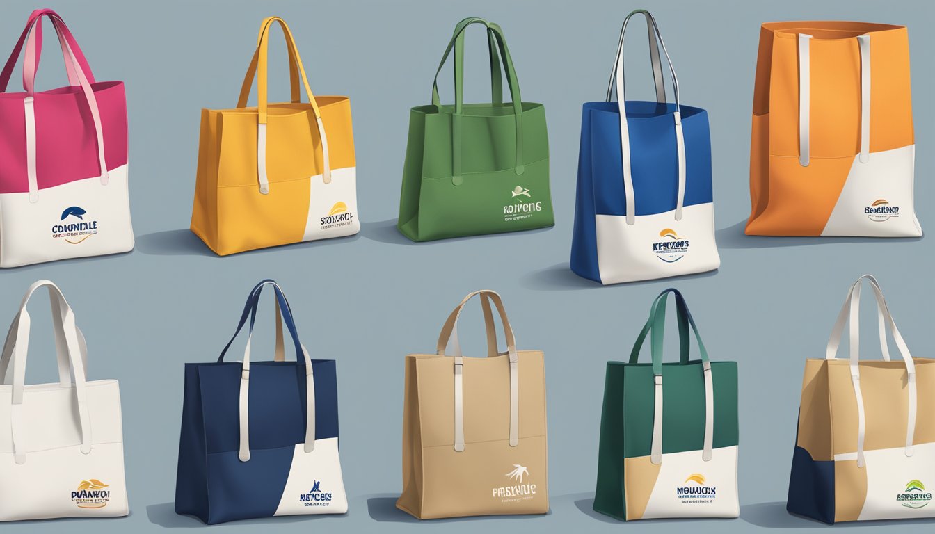 A variety of customisation options for branded canvas bags displayed on a table. Options include different colors, logos, and sizes