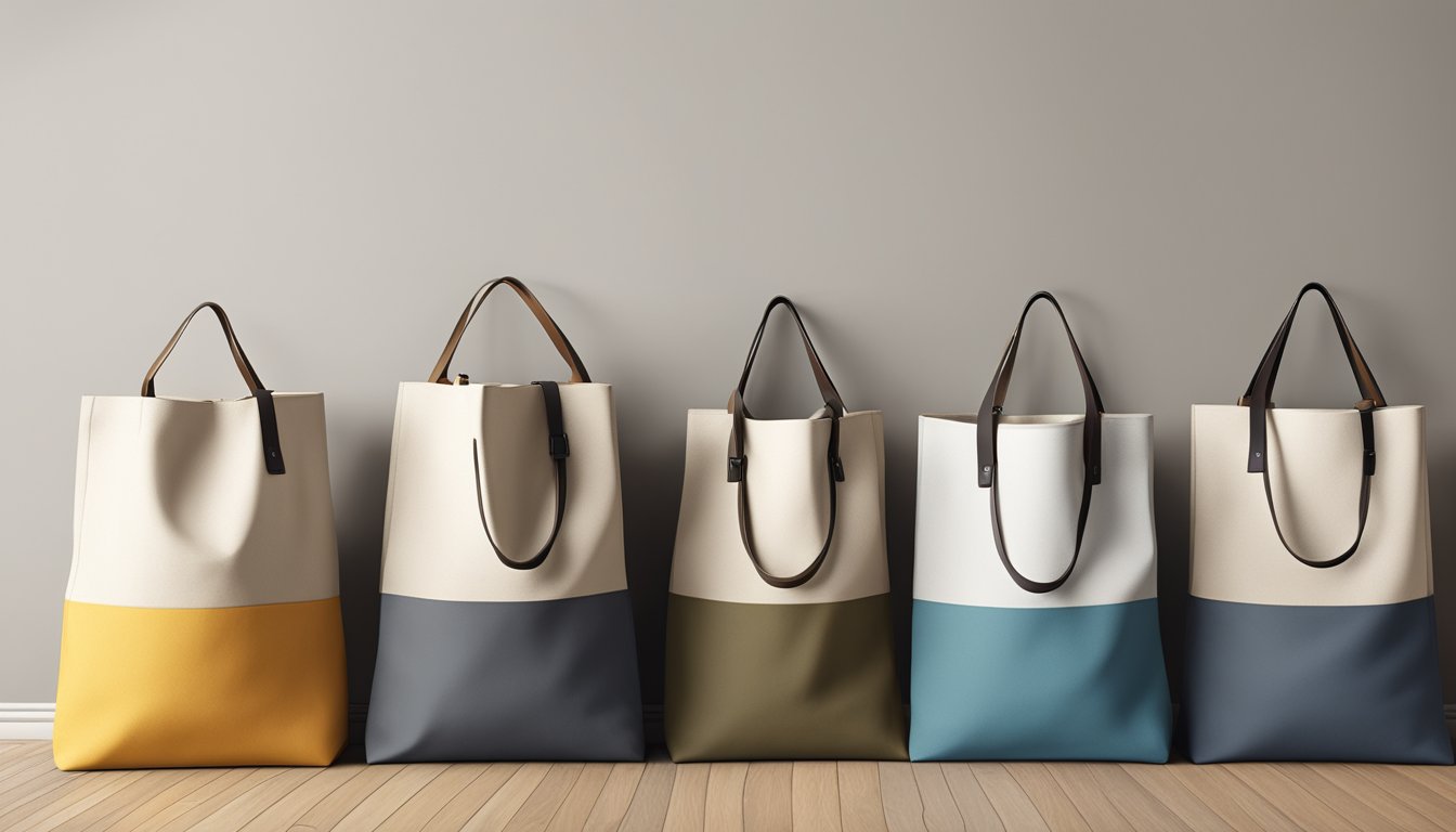 A stack of branded canvas bags, varying in size and color, displayed on a sturdy shelf against a neutral background