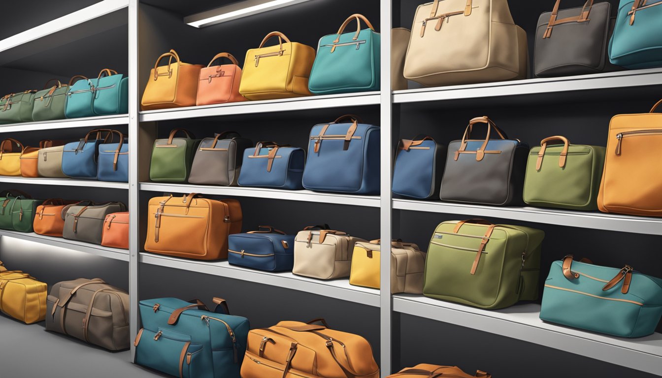 Various branded canvas bags of different sizes and colors are neatly arranged on a display shelf, showcasing their durability and versatility