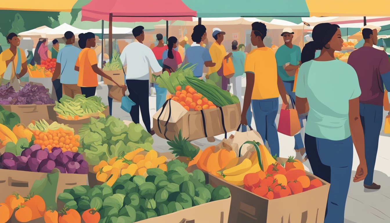 A group of people at a farmers' market, carrying and using branded canvas bags with logos and slogans. The bags are filled with fresh produce and goods, and the scene is vibrant and bustling with activity