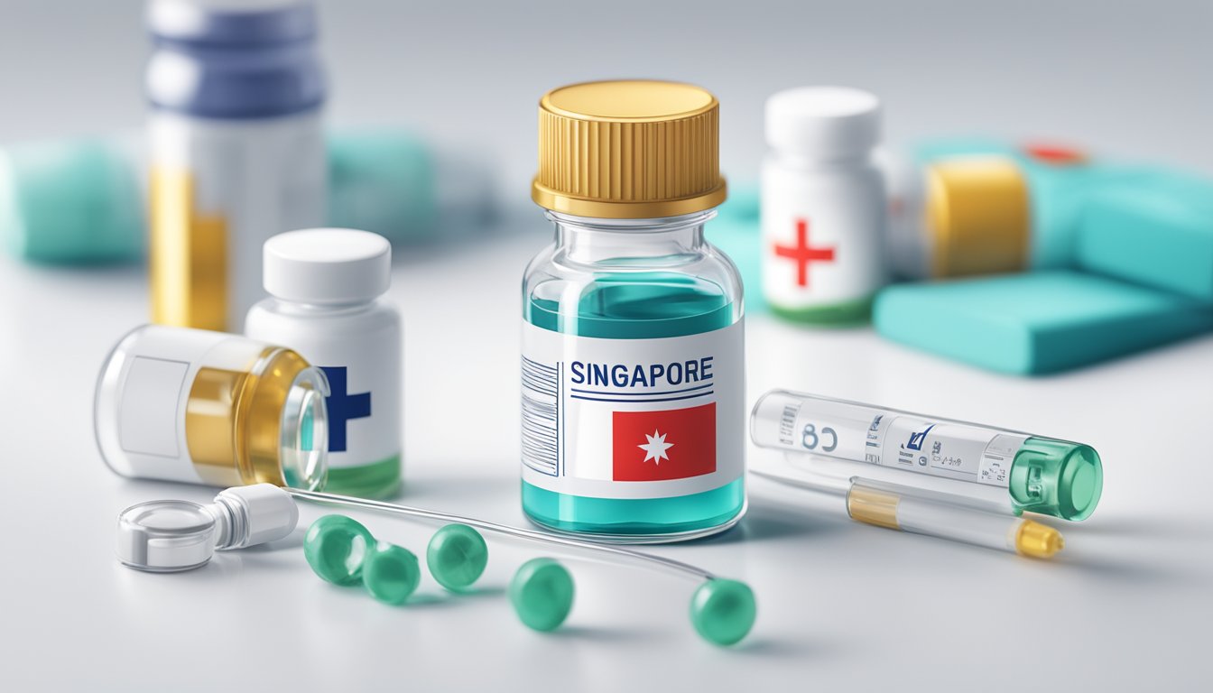 A vial of Singapore vaccine brand sits on a clean, white surface, surrounded by medical equipment and a symbol of the nation's healthcare system