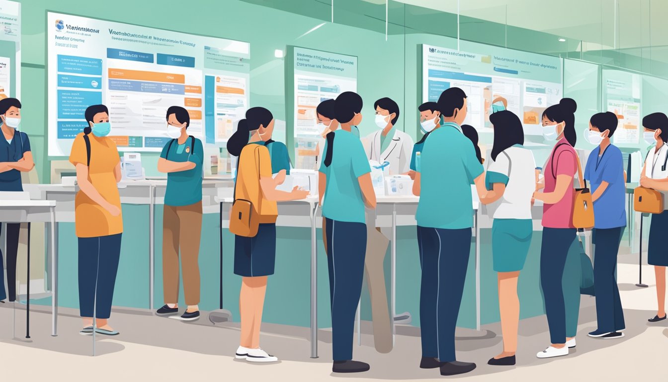 A bustling vaccination center with people waiting in line, healthcare workers administering vaccines, and informational posters about the Singapore vaccine brand displayed prominently