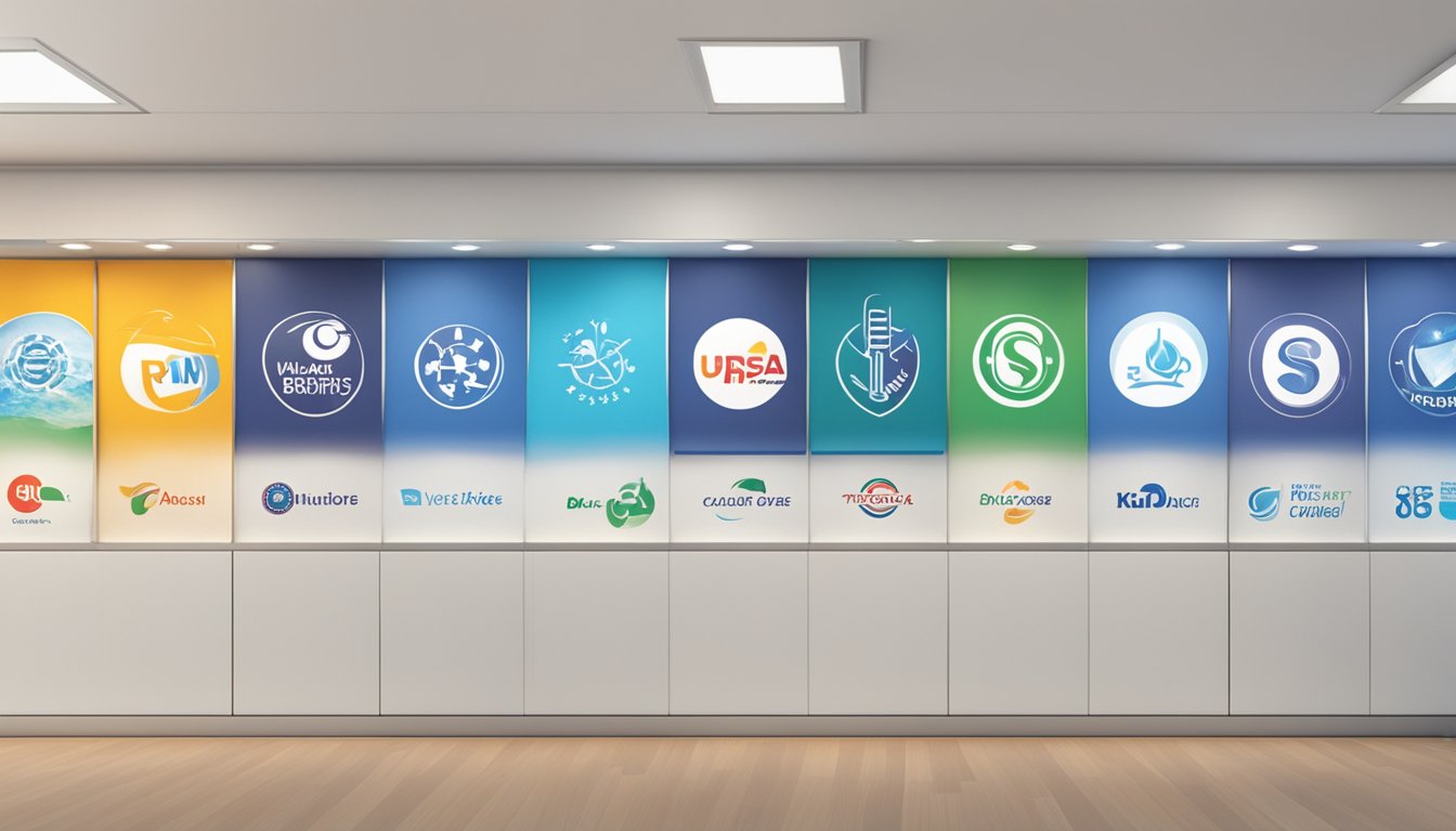 Various vaccine brand logos displayed on a clinic wall in Singapore