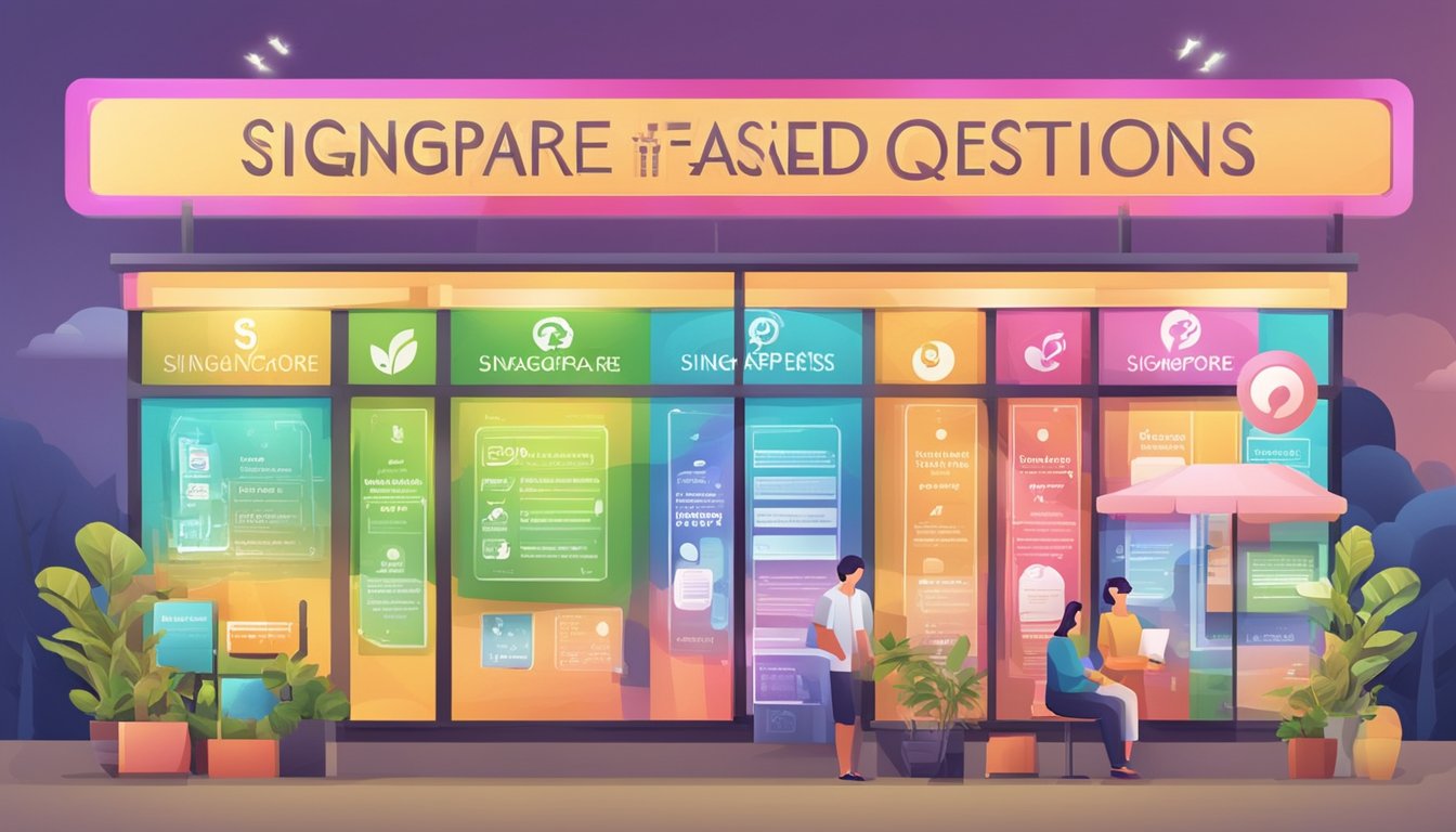 A colorful sign with "Frequently Asked Questions" and "Singapore Vaccine Brand" displayed prominently
