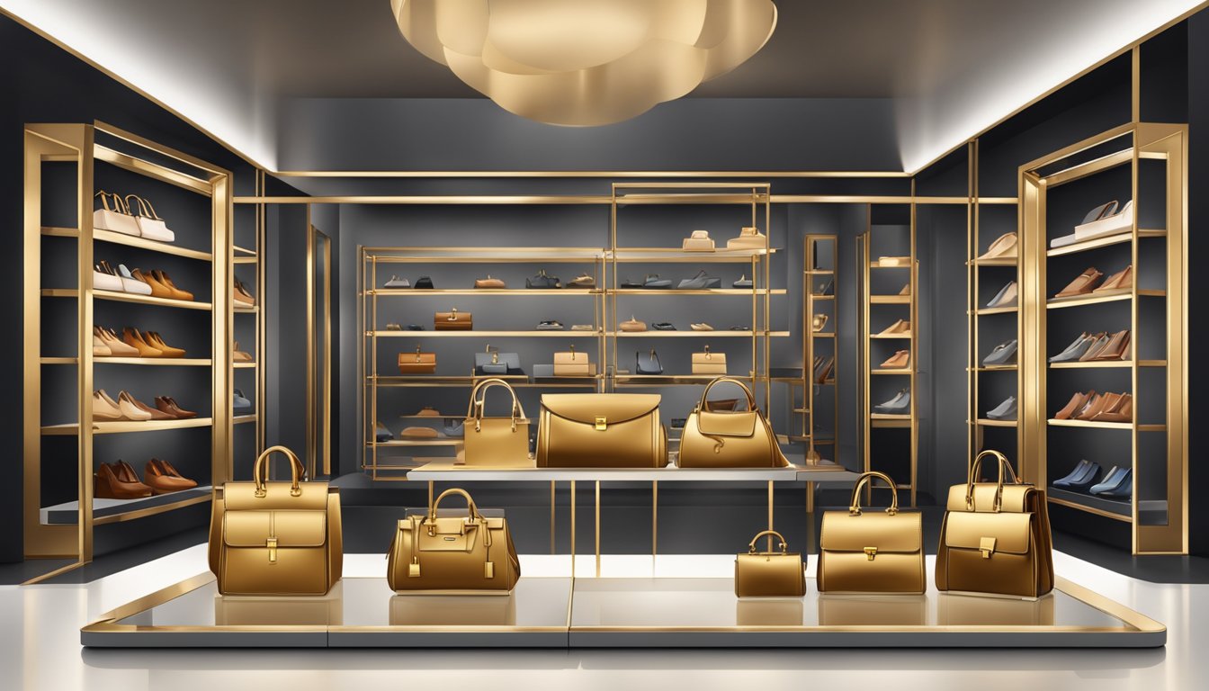 A display of luxury handbags arranged on velvet shelves in a sleek boutique. Gleaming gold hardware and fine leather catch the light