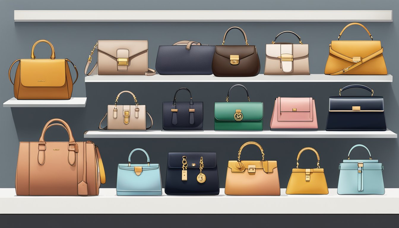 A display of iconic luxury handbag brands lined up on a sleek, minimalist shelf in a high-end boutique