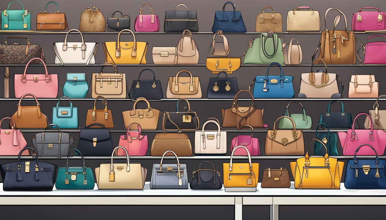 A display of luxury handbags from top brands, showcasing diverse styles, materials, and embellishments. Bright lights highlight the exquisite craftsmanship and attention to detail