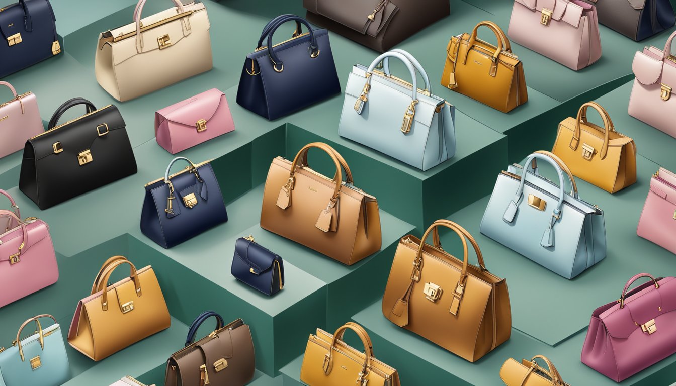 A display of high-end luxury handbags, showcasing their exquisite craftsmanship and timeless design, surrounded by elegant branding and packaging