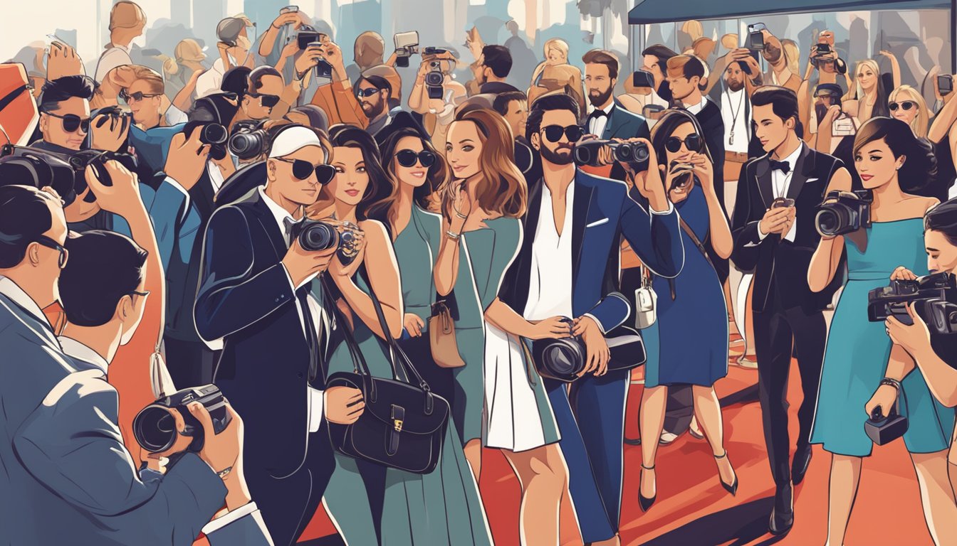 Celebrities flaunting luxury handbags at red carpet event. Paparazzi snapping photos. Brand logos prominently displayed