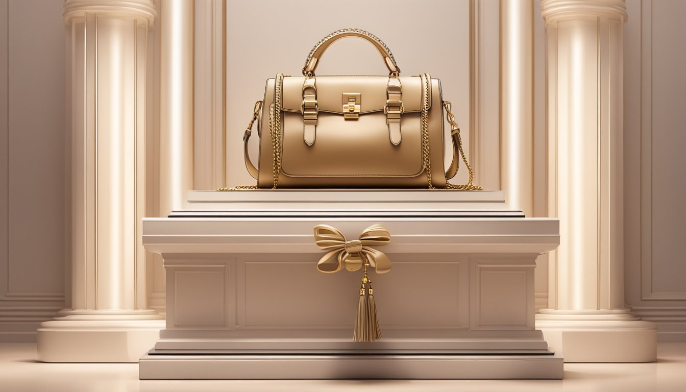 A luxurious handbag displayed on a sleek pedestal, surrounded by soft lighting and elegant decor