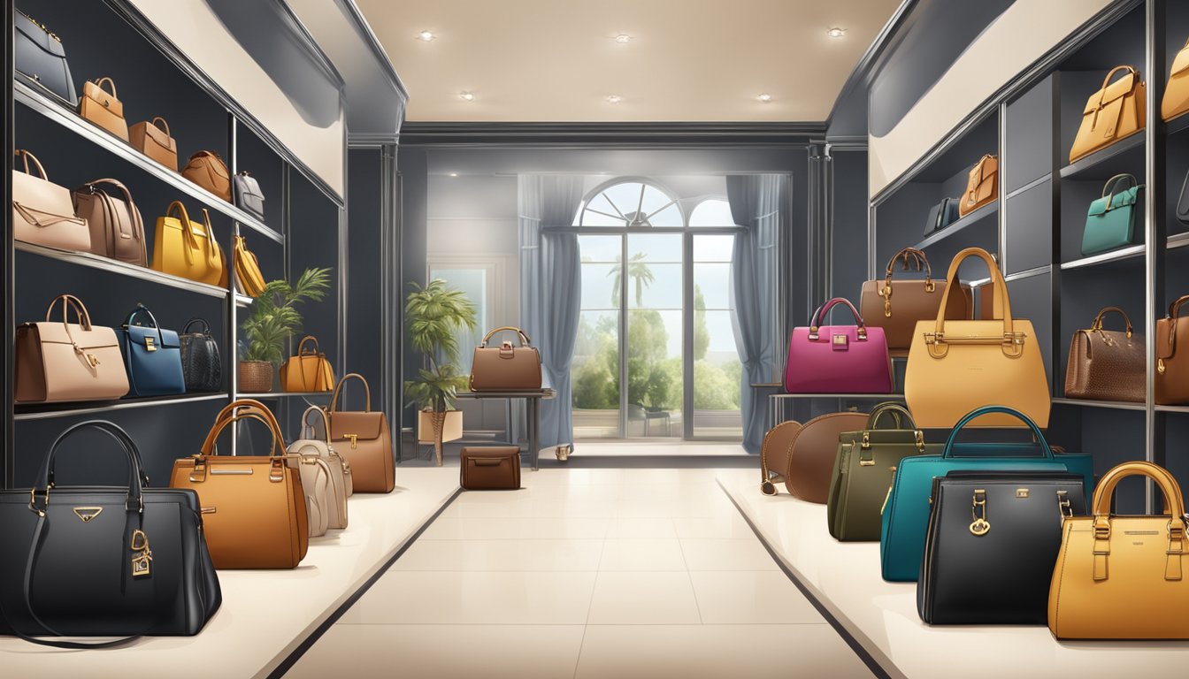 A display of high-end handbags with a "Frequently Asked Questions" banner above. Luxurious and elegant atmosphere